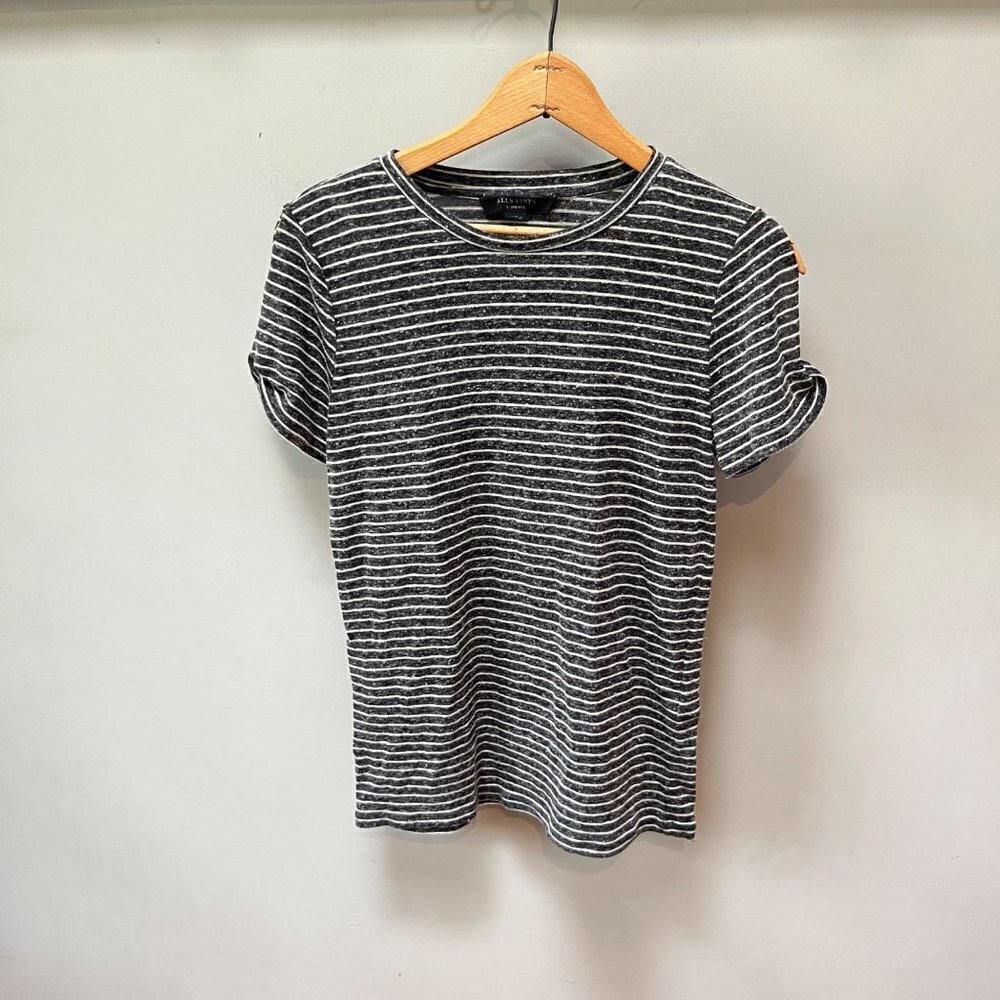 Allsaints Black and White Striped Cold Shoulder Linen Blend T-Shirt- Size XS